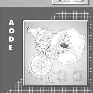 May include: A grayscale diagram of an AODE transmission, showing internal components. The image is labelled "FORD/MERCURY TECHTRAN MANUAL". The letters "AODE" are vertically aligned on the left. The diagram includes measurements and technical details.