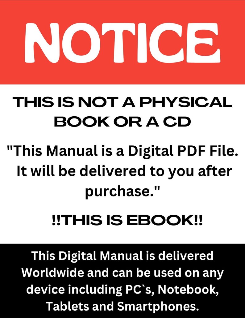 May include: A red and white notice with the word "NOTICE" in large white letters. The text below states this is not a physical book or CD, but a digital PDF file delivered after purchase. It can be used on various devices.
