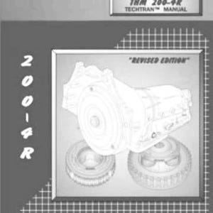 Op de afbeelding: Een grijswaardenhandleiding getiteld "General Motors THM 200-4R Techtran Manual". De omslag toont een gedetailleerde tekening van een auto-onderdeel, met het opschrift "Revised Edition".