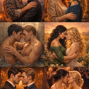 May include: A digital art collage showing six romantic scenes of same-sex couples. The images depict couples embracing and kissing, set against various backgrounds, including a sunset, a library, and a field of flowers. The overall theme is love and intimacy.