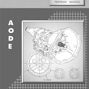 May include: Technical diagram of an AODE transmission, showing internal parts and a gear layout. The image is labelled "FORD/MERCURY TECHTRAN MANUAL". The background features a grey and white grid pattern.