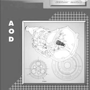 Op de afbeelding: Een zwart-wit diagram van een AOD-transmissie, met gedetailleerde interne componenten. De afbeelding komt uit een Ford/Mercury Techtran Manual. De letters "AOD" zijn verticaal gestapeld aan de linkerkant.
