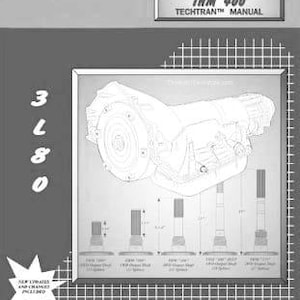 Könnte beinhalten: Graustufenbild eines General Motors THM 400 Techtran-Handbuchs. Das Cover zeigt den Text "GENERAL MOTORS THM 400 TECHTRAN MANUAL" und eine Illustration einer Motorkomponente. Das Bild enthält auch Diagramme und den Text "NEW UPDATES AND CHANGES INCLUDED".