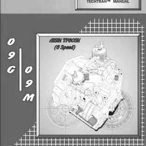 Könnte beinhalten: Schwarz-Weiß-Technische Illustration einer Motorkomponente, beschriftet mit "AISIN TF80SH (6 Speed)". Das Bild enthält den Text "AUDI, VOLKSWAGEN, BMW TECHTRANT MANUAL" und die Zahlen "09G009M".