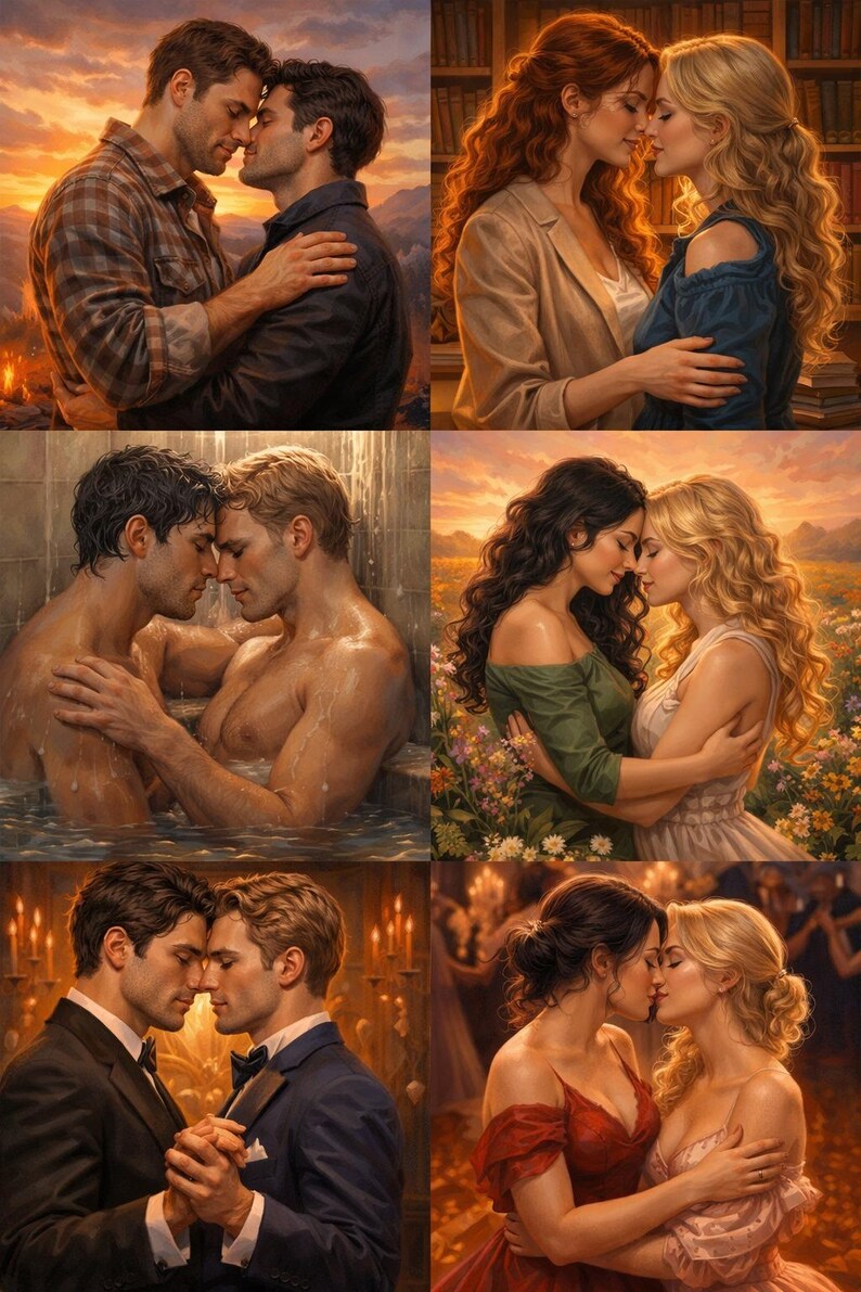 May include: A digital art collage featuring six romantic scenes. Each scene depicts couples in intimate embraces, with varying settings and attire. The color palette is warm, with sunset hues and soft lighting, creating a sense of intimacy and affection.