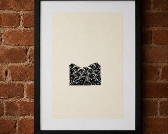 Grabado en linóleo de un cuervo - Obra de arte original tallada a mano de un pájaro negro - "Tan lleno"