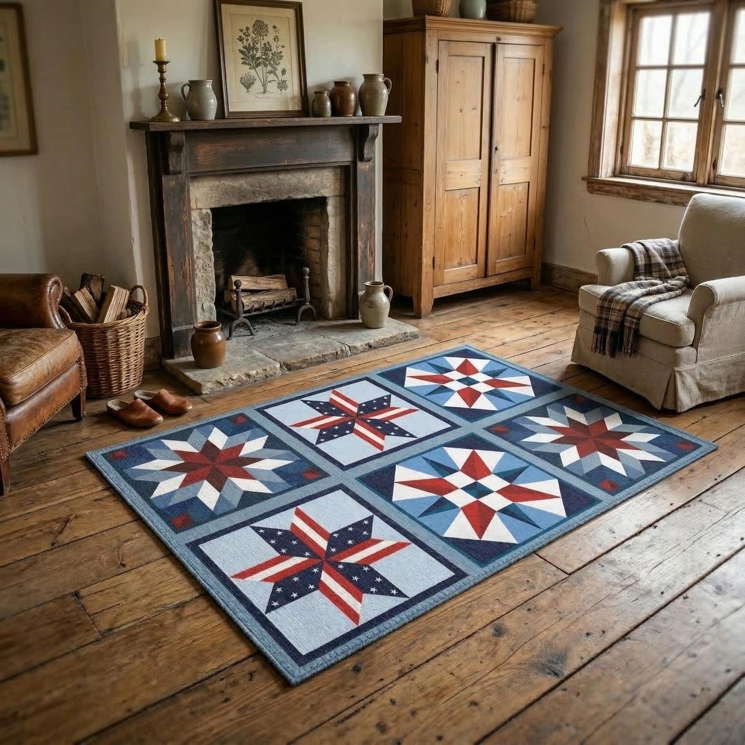 Aplinestars Rug Patriotic Star Quilt Block Area Rug | Americana Stars & Stripes Floor ...