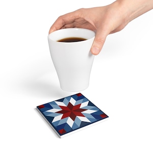 Star Quilt Pattern Ceramic Coaster | Red White Blue Geometric Tile #110