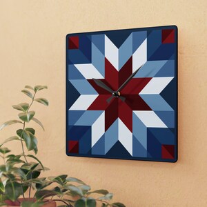 Star Quilt Pattern Acrylic Wall Clock | Navy Red Blue #110