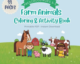 Farm Animals Coloring & Activity Book for Preschool | Printable PDF | Ages 3–5 | 33 Pages | Instant Download