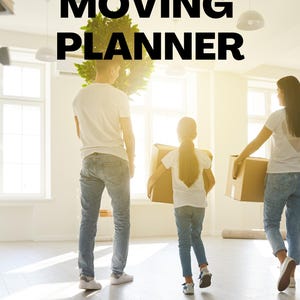 May include: A family is shown moving house, carrying boxes and a plant. The words "MOVING PLANNER" are in bold black text. The scene is bright and airy, with sunlight streaming through the windows. The family is wearing casual clothes.