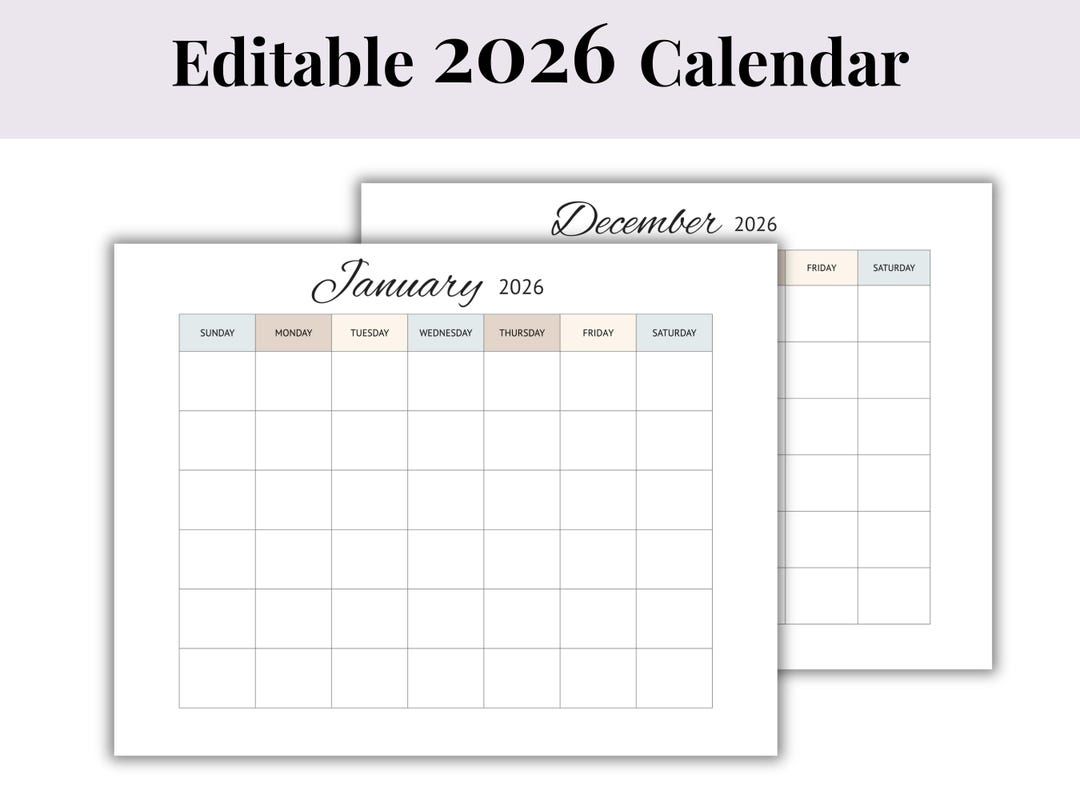 2026 Editable 12 Month Calendar | Simple | Digital Download - Etsy