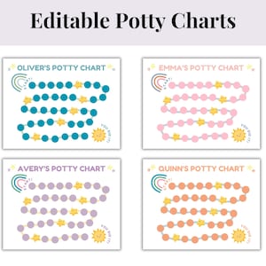 Op de afbeelding: Vier kleurrijke zindelijkheidstraining-diagrammen met de namen: Oliver, Emma, Avery en Quinn. Elk diagram heeft een pad van stippen en sterren, met een zonnegrafiek aan het einde. De tekst "Editable Potty Charts" staat bovenaan.