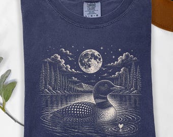 Vintage Loon Bird Shirt Moon Lake Scene Graphic Tee, Comfort Colors, Nature Aesthetic Loon Lover Gift