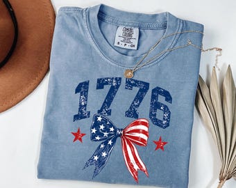 1776 Patriotic Bow Shirt, Vintage American Flag Graphic Tee, Fourth of July Gift