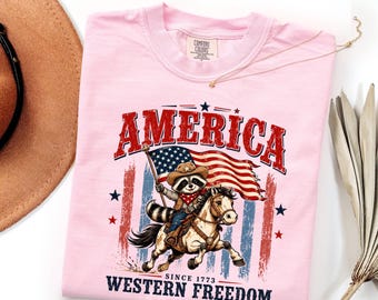 America Since 1773 Raccoon Cowboy Shirt, Patriotic Western Freedom Graphic Tee Gift
