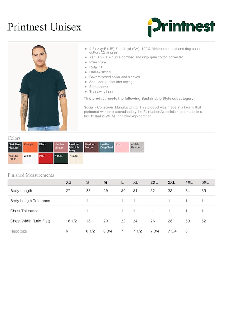May include: A dark teal unisex t-shirt with a crew neck and short sleeves. Made from Airlume combed and ring-spun cotton. Available in sizes XS to 5XL, with measurements in inches and centimetres provided.