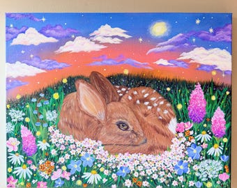 Original Deer Painting, Whimsical Wildlife Art, Cottagecore Wall Decor, Acrylic Painting on Canvas