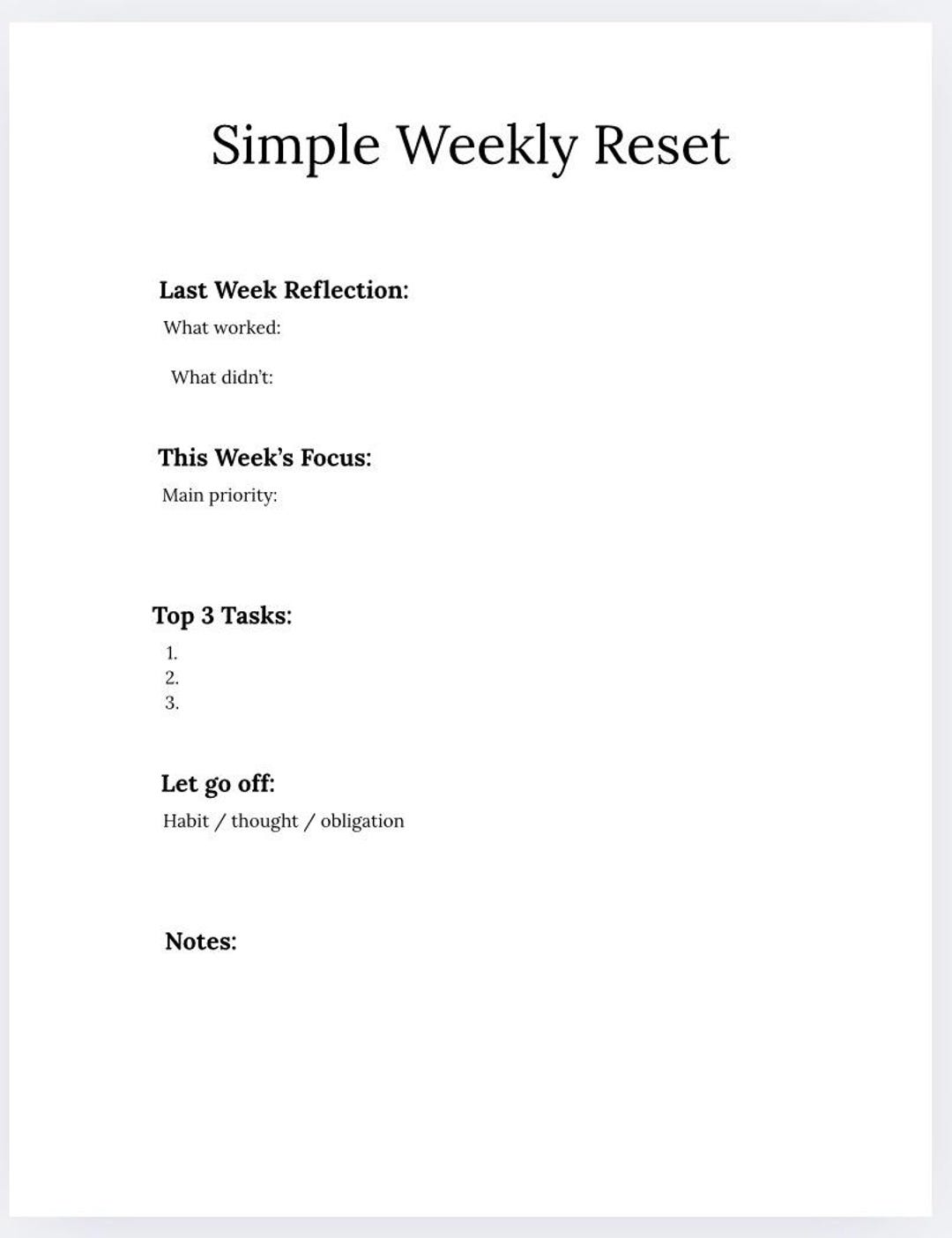 Simple Weekly Reset Planner | Minimal Printable Weekly Planner ...
