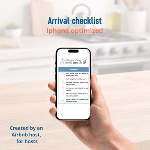 May include: A smartphone displays a checklist titled "Arrival checklist" with the text "iPhone optimized." The checklist, labeled "Bathroom," includes items like "fresh, pleasant scent" and "towels neatly folded." The image is created by an Airbnb host for hosts.