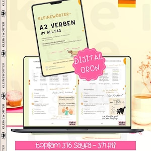May include: A laptop displaying a digital product with the text "KLEINEWÖRTER - A2 VERBEN IM ALLTAG". The image includes a pink sticker that says "DİJİTAL ÜRÜN" and a German flag. The bottom of the image has the text "toplam 376 Sayfa - 371 fiil".