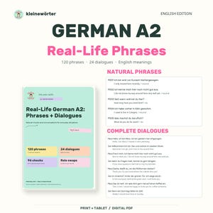 Puede incluir: Una guía educativa digital titulada German A2 Real-Life Phrases, que incluye 120 frases y 24 diálogos. El documento presenta una portada de color verde claro con texto, recuadros amarillos, naranjas, morados y rosas, y una lista de diálogos.