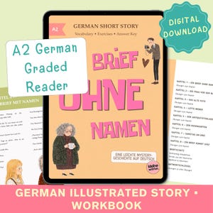 Peut inclure: Un cahier d'exercices numérique de lecture graduée en allemand niveau A2 intitulé Brief Ohne Namen. La couverture présente un fond beige avec du texte rose, une illustration d'une personne aux cheveux gris bouclés tenant une tasse et une personne tenant un appareil photo. Inclut vocabulaire, exercices et corrigé.