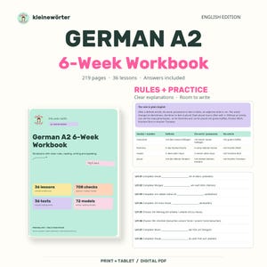 Könnte beinhalten: Ein 6-Wochen-Arbeitsbuch für Deutsch A2 mit hellgrünem Einband, das 36 Lektionen, 708 Checks, 36 Texte und 72 Modelle enthält. Das Arbeitsbuch bietet einen Bereich für Regeln und Übungen mit klaren Erklärungen und Schreibaufgaben.
