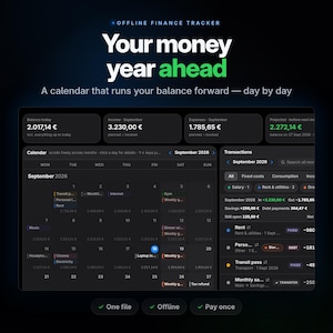 Pode incluir: Um painel digital de rastreamento financeiro offline com interface escura e texto em branco e verde. Exibe um calendário de setembro de 2026, listas de transações e resumos financeiros, incluindo saldo, receitas, despesas e projeções.
