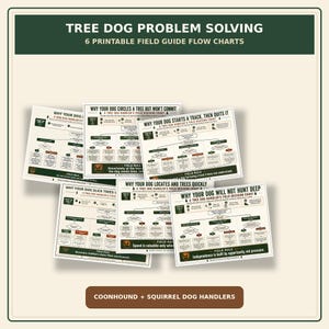 Könnte beinhalten: Eine Sammlung von sechs druckbaren Feldweg-Flussdiagrammen mit dem Titel "Tree Dog Problem Solving". Die Diagramme, in Grün und Weiß, bieten Entscheidungshilfe für Hundehalter. Der Text enthält "Coonhound + Squirrel Dog Handlers".