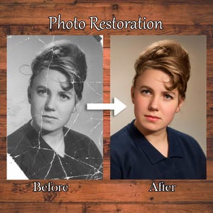 Peut inclure: Image illustrant la restauration de photos. À gauche, un portrait noir et blanc endommagé, et à droite, la version restaurée et colorisée. Le texte "Photo Restoration" est en haut, avec les mentions "Avant" et "Après" sous les images.