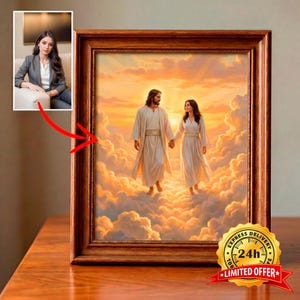 May include: A framed artwork shows two figures in white robes walking on clouds towards a sunset. The artwork is in a brown wooden frame. A small inset image of a woman is in the upper left corner. A gold sticker with the text "EXPRESS DELIVERY 24h LIMITED OFFER" is in the lower right corner.