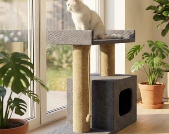 Handgefertigter Kratzbaum für große Katzen | Großer Schwerlastturm mit breiter Plattform | Stabiler Kratzbaum und Haus