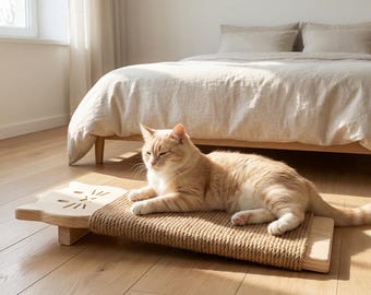 Krabplank voor katten op de vloer | Kattenkrabmat van natuurlijk jute | Houten kattenkrabber | Cadeau voor kattenmeubels
