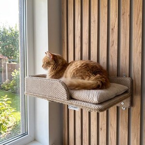 Wandmontiertes Katzenbett mit Ablage | Schwebendes Katzenregal mit Kissen | Katzenliegeplatz mit Seilkante | Moderne Katzenmöbel | Katzenbett aus Jute oder Baumwolle