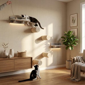 Puede incluir: Un centro de actividades para gatos montado en la pared que incluye dos estantes horizontales con iluminación integrada y cuatro escalones cilíndricos envueltos en cuerda, dispuestos verticalmente para crear un camino de niveles.