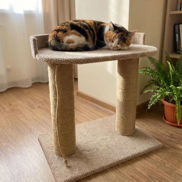 ベッド付き猫用爪とぎポスト | モダンな猫用爪とぎ家具 | 棚付き安定型キャットツリー | ロープ式爪とぎポスト