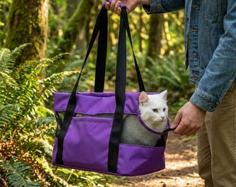Purple Pet Carrier Tote Bag | Cat Carrier with Safety Clip | Water-Resistant Oxford Travel Bag | Washable | Small Dog Cat Bag