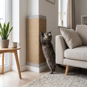 May include: A corner-mounted cat scratching post, constructed from natural sisal rope, features a grey fabric trim at the top and bottom. A grey cat is seen scratching the post, standing on its hind legs. The post is in a living room.
