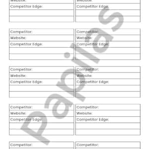 May include: A white Competitor Tracker printable sheet with the title "Competitor Tracker" at the top. The sheet has multiple sections to record competitor information, including website and edge.