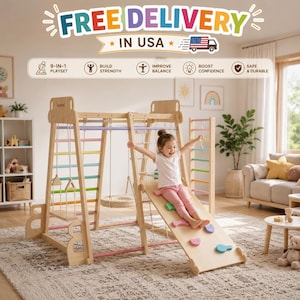 9-in-1 Indoor Jungle Gym for Kids, Montessori Climbing Playset, Wooden Toddler Playground with Swings Slide Monkey Bars Climber