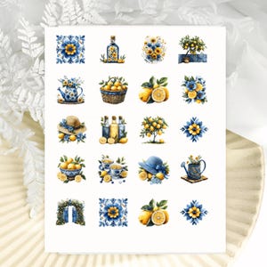 May include: A sticker sheet featuring twenty individual illustrations with a Mediterranean theme. The designs include blue and yellow floral tiles, lemon trees, baskets of lemons, blue watering cans, straw hats, glass bottles, and tea sets.