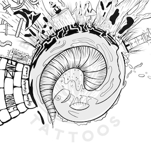 Könnte beinhalten: Schwarz-Weiß-Illustration eines skurrilen, spiralförmigen Designs mit Pilz- und Baum-Elementen. Der Text "Mythical Wonder Land" ist sichtbar. Das Bild hat eine Tattoo-Ästhetik.