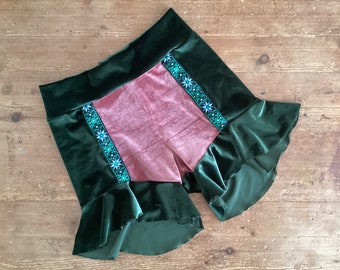 Velvet high waist boho ruffle festival shorts green pink