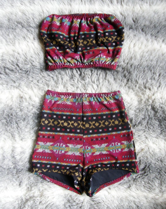 Items similar to Aztec high waisted vintage style bandeau bikini plus ...