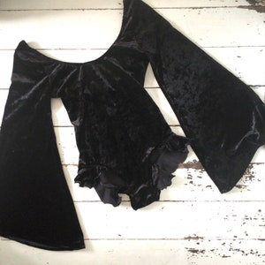 Black velvet leotard bodysuit  playsuit festival rave circus trapeze bell sleeve top