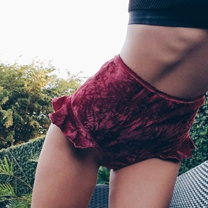 high waisted crush frilled velvet stretch shorts festival, beach, party, pole