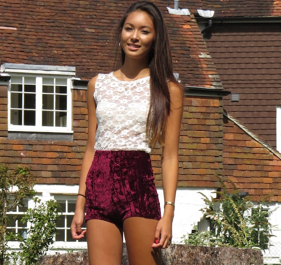 Wine Red Crushed Velvet Shorts High Waisted Hot Pants 