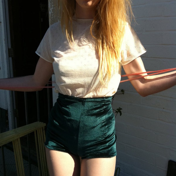 Green velvet high waisted shorts vintage style