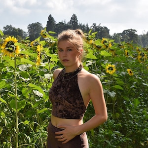 Crushed velvet halter neck crop top festival boho